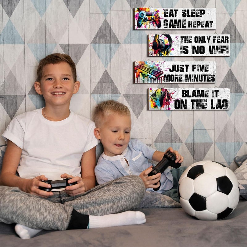 Hatzelou 4Pcs Game Room Hanging Decor Sign, Watercolor Game Wall Wooden Sign, Game Room Accessories Hanging Sign, Gamer Hanging Plaques for Teen Room Bedroom Playroom Decorations, black - Image 3